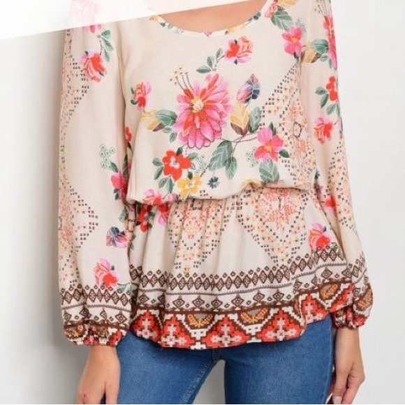 always…me Tops - Colorful Floral Top with Gathered Waist